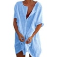 thumbnail image 5 of SHEOWO Women Plus Size Dress Henley Neck Short Sleeve Summer Dress Casual Solid Color Loose Button Up Above-Knee Mini Dress, 5 of 7