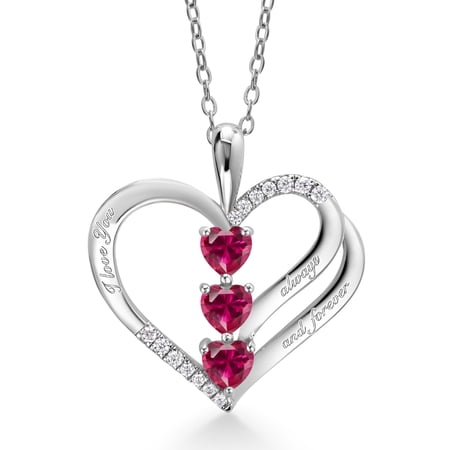 Gem Stone King 925 Sterling Silver Heart Shape Red Created Ruby and White Moissanite "I love you always and forever" Pendant Necklace for Women (1.00 Cttw, with 18 inch Silver Chain)
