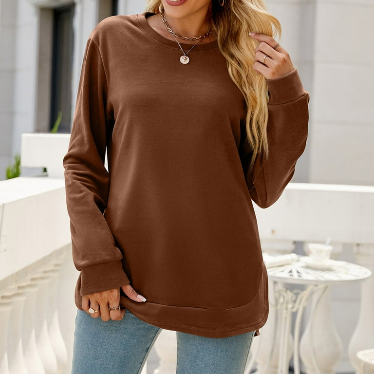 Crewneck Sweatshirts Lightweight Pullover Fall Winter Tops for Women Casual  Solid Color Loose T-shirts Sweaters (Small, Coffee) 