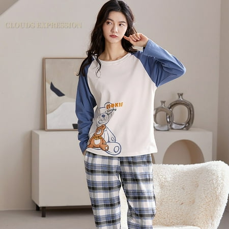 

QWZNDZGR Spring Autumn Knitted Cotton Elegant Women Floral Pajama Sets Sleepwear Casul Lounge Set Plaid Pants Pajamas Womens Home Fashion