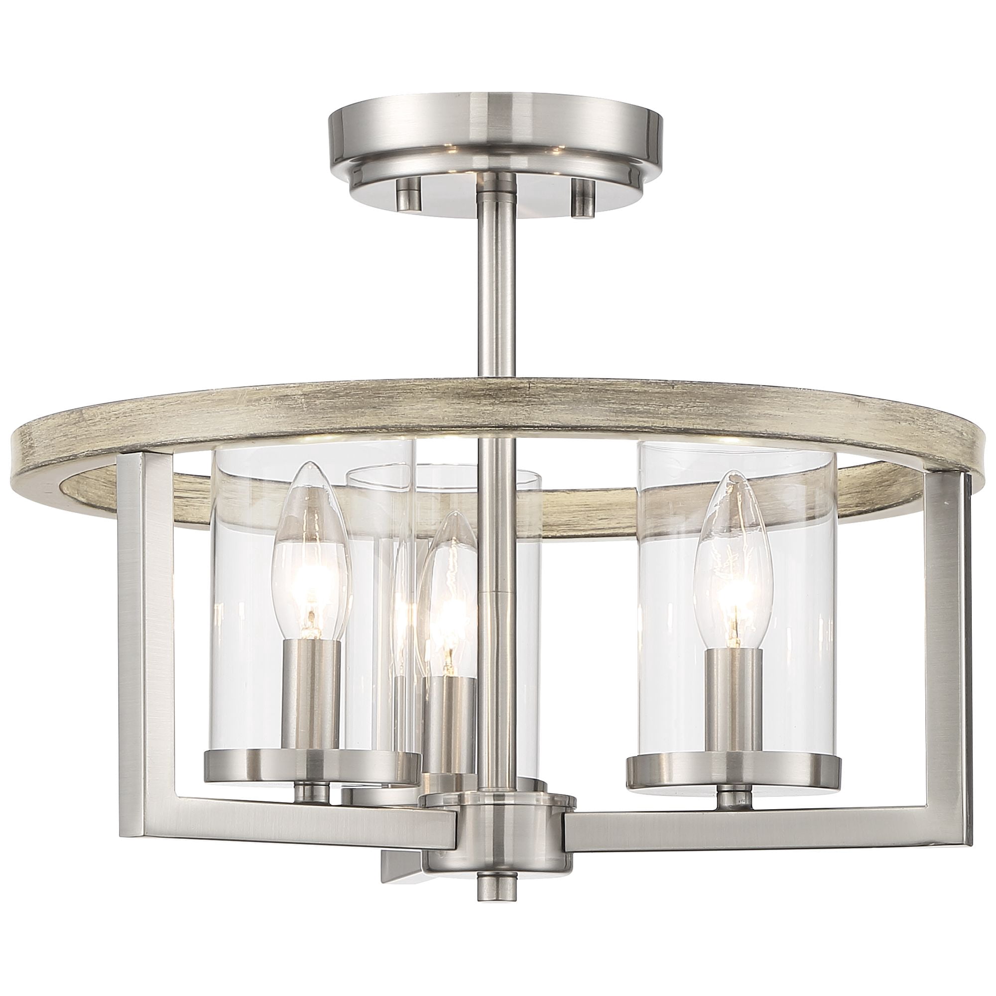 Possini Euro Design Senna Modern Industrial Ceiling Light Semi Flush Mount Fixture 15" Wide Brushed Nickel Gray Wood 3-Light Clear Glass for Bedroom