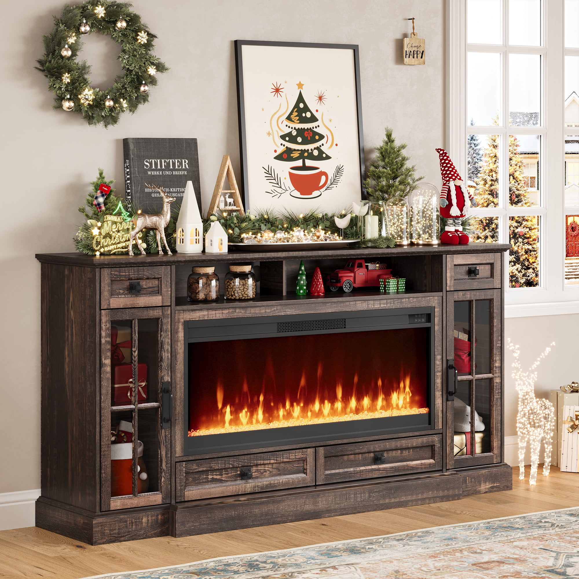 OKD TV Stand with Fireplace for 80 inch TVs, Farmhouse Entertainment Center with Storage, Dark Rustic Oak