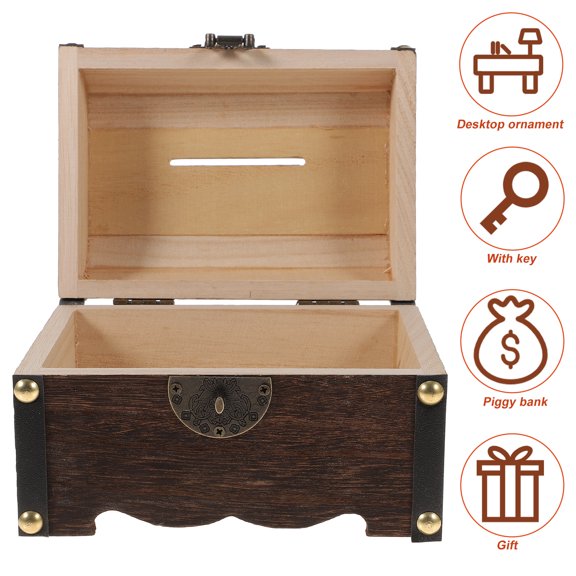 Wooden Treasure Box Creative Wooden Piggy Bank Safe Handmade Wood Carving Money Box Savings with Lock Small Size