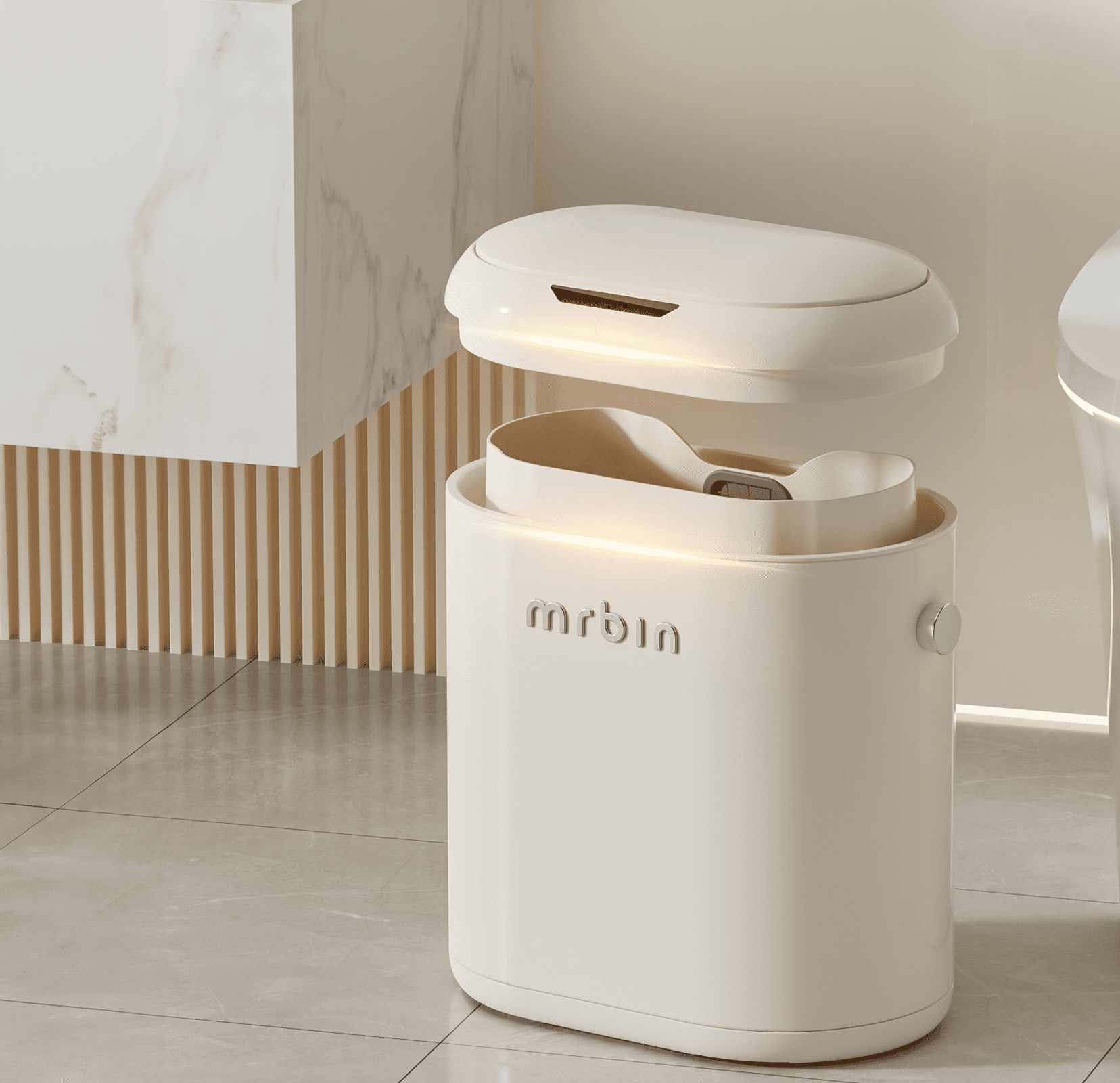 MRBIN Automatic Adsorption Metal Trash Can for Bathroom, Touchless Garbage Bin with Lid, 3.2 Gallon Slim Trash Can for Office and Bedroom, Electric Motion Sensor Waste Basket, Cream White