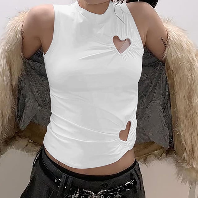 Heisall Womens Tops Spring Summer Solid Color Round Neck Irregular Pleats Waist-Cinching Heart Cutout 2025 New Arrival Fashion