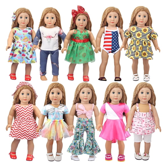 18 Pcs Doll Clothes Accessories for 18 Inch American Dolls, 10 Complete Doll Clothing Sets, Doll Dance Costumes, Minie Pattern Clothes, , Summer Holiday Outfits for Girl Dolls