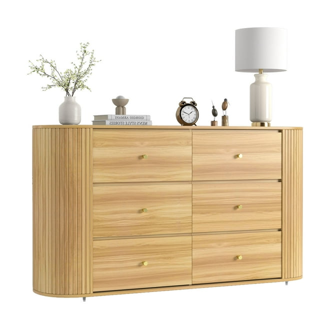 Commode en Bois à 6 Tiroirs, Commode Moderne de 60 Pouces de Large avec Poignée en Métal, Design à Profil Courbé, Larges Commodes de Chambre, Commode Mi-Siècle pour Entrée, Couloir, Chêne