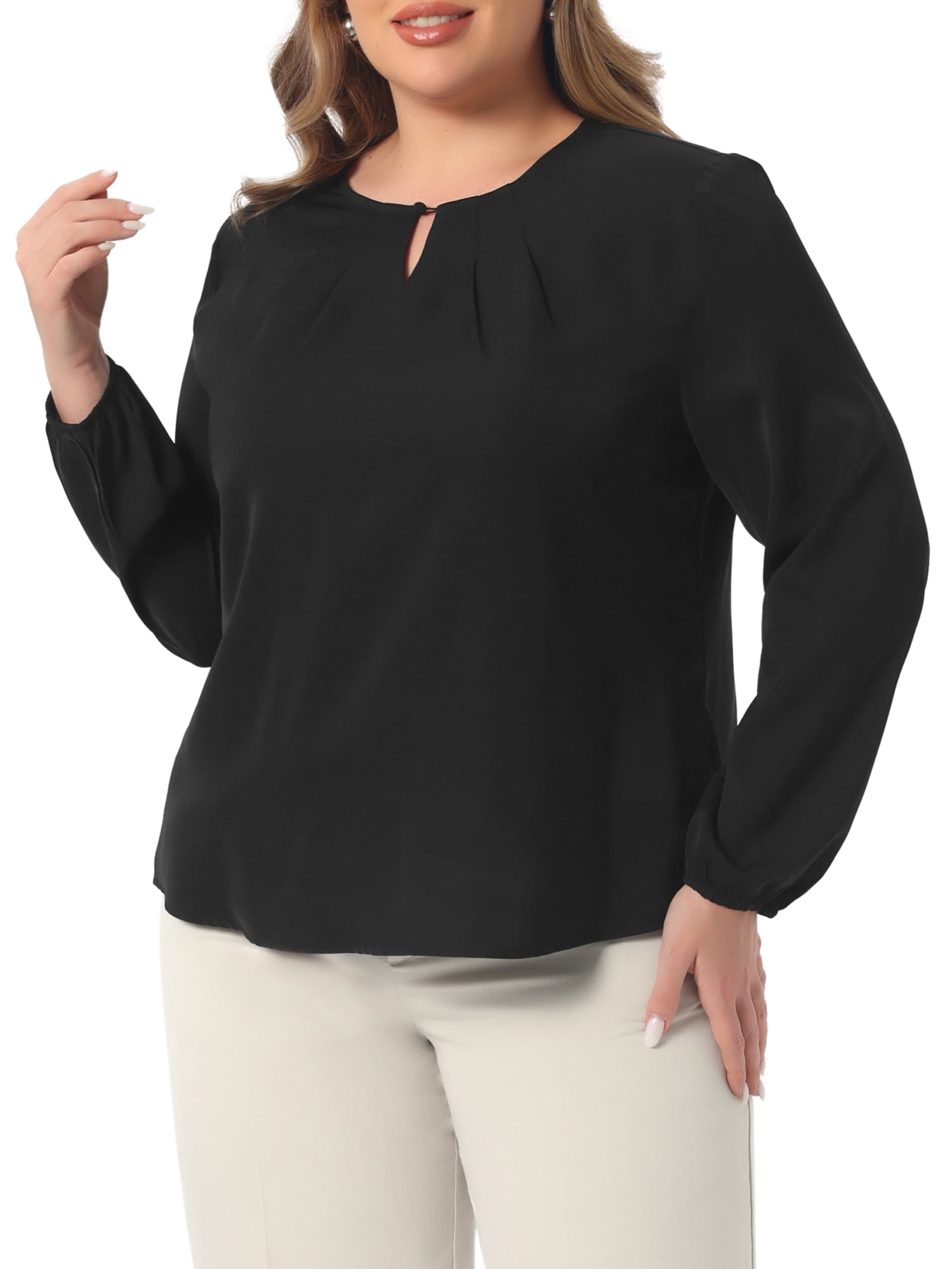 DARING DIVA Women's Plus Crew Neck Pleated Chiffon Blouse 3X Black