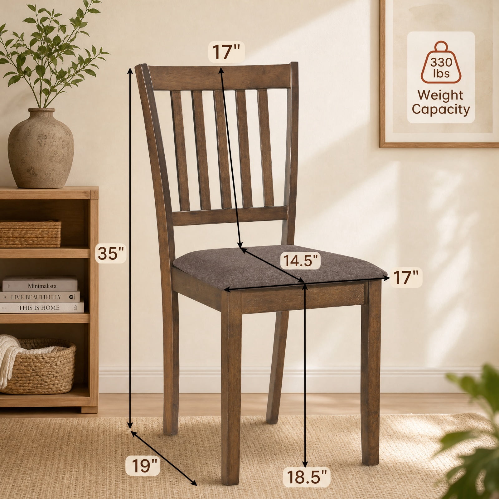Furnibear Upholstered Wooden Dining Chairs Set of 2 with Padded Fabric Seats and Rubber Wood Frame for Kitchen Dining Room, Brown