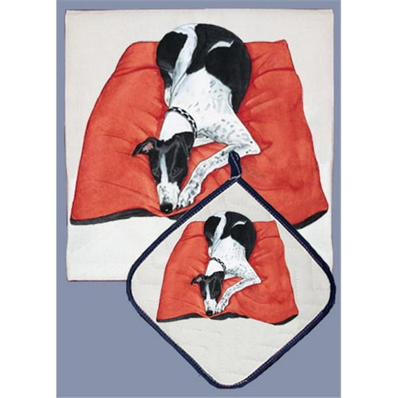 Pipsqueak Productions DP957 Dish Towel and Pot Holder Set - Greyhound Bl/Wh
