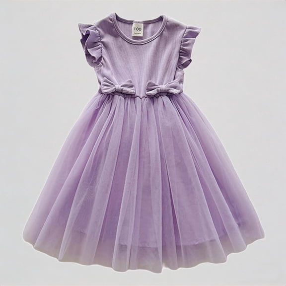 REDARER Girls Flutter Sleeve Bowknot Tulle Dress Party Dance Princess Casual Outfit,2-3 Years