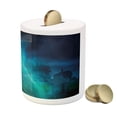 thumbnail image 3 of Halloween Piggy Bank, Gothic Dark Backdrop a Dead Ghost Skull Haunted Horror Themed Digital Art, Ceramic Coin Bank Money Box for Cash Saving, 3.6" X 3.2", Blue, by Ambesonne, 3 of 4