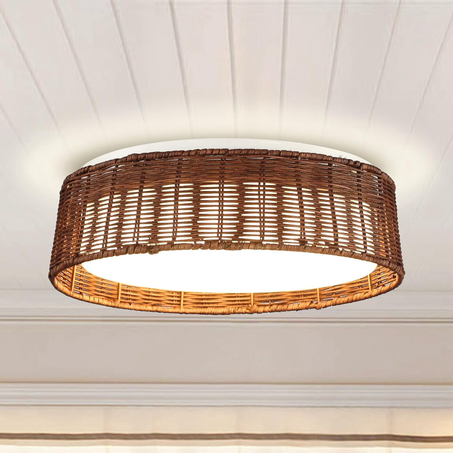 Parrot Uncle Farmhouse Rattan Drum Flush Mount Ceiling Lights LED Lighting for Bedroom Living Room Dining Room, 16.5 Inch