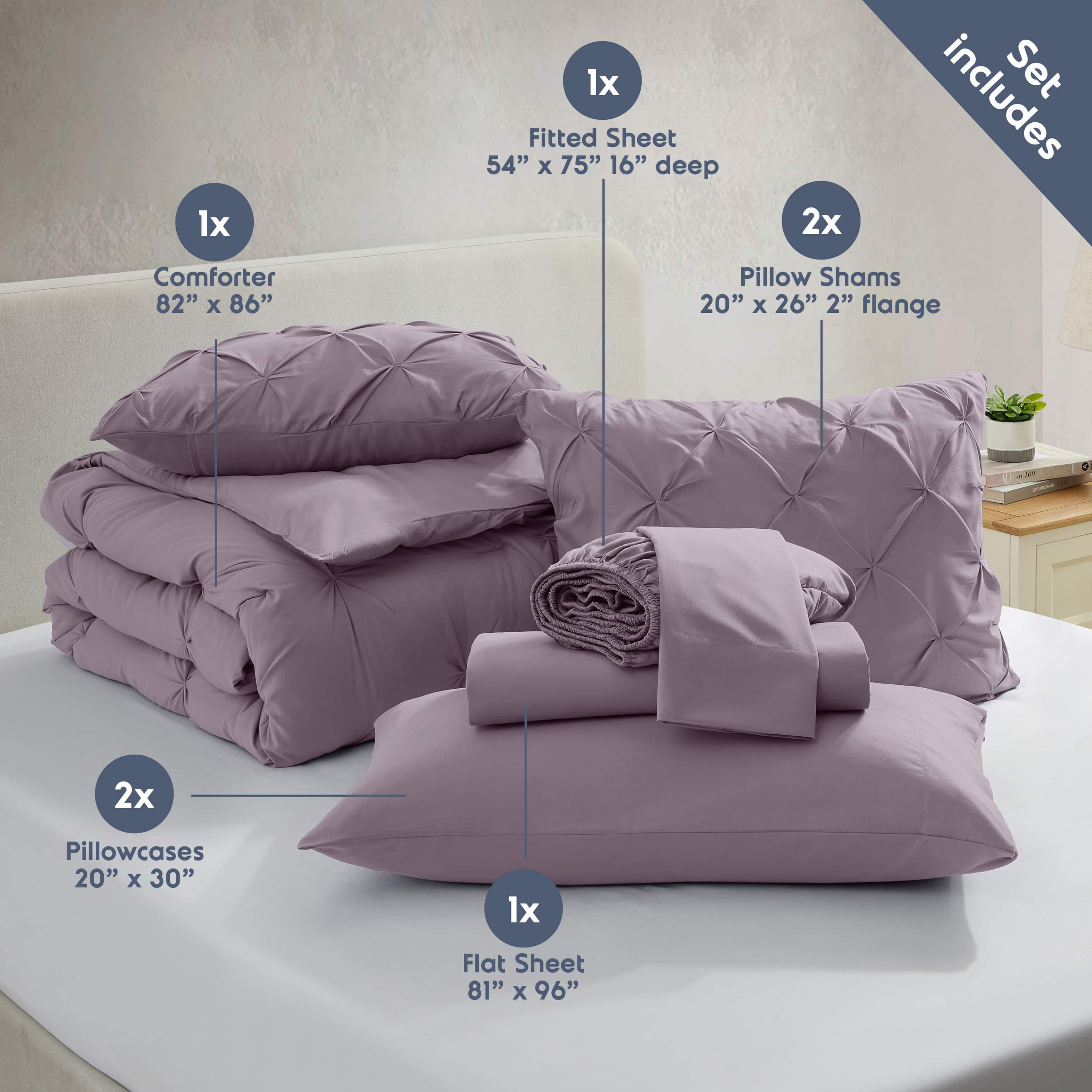 LammaLoe Full Size Comforter Sets, 7 Piece Bed In A Bag Pintuck Bedding Sets, Dusty Purple