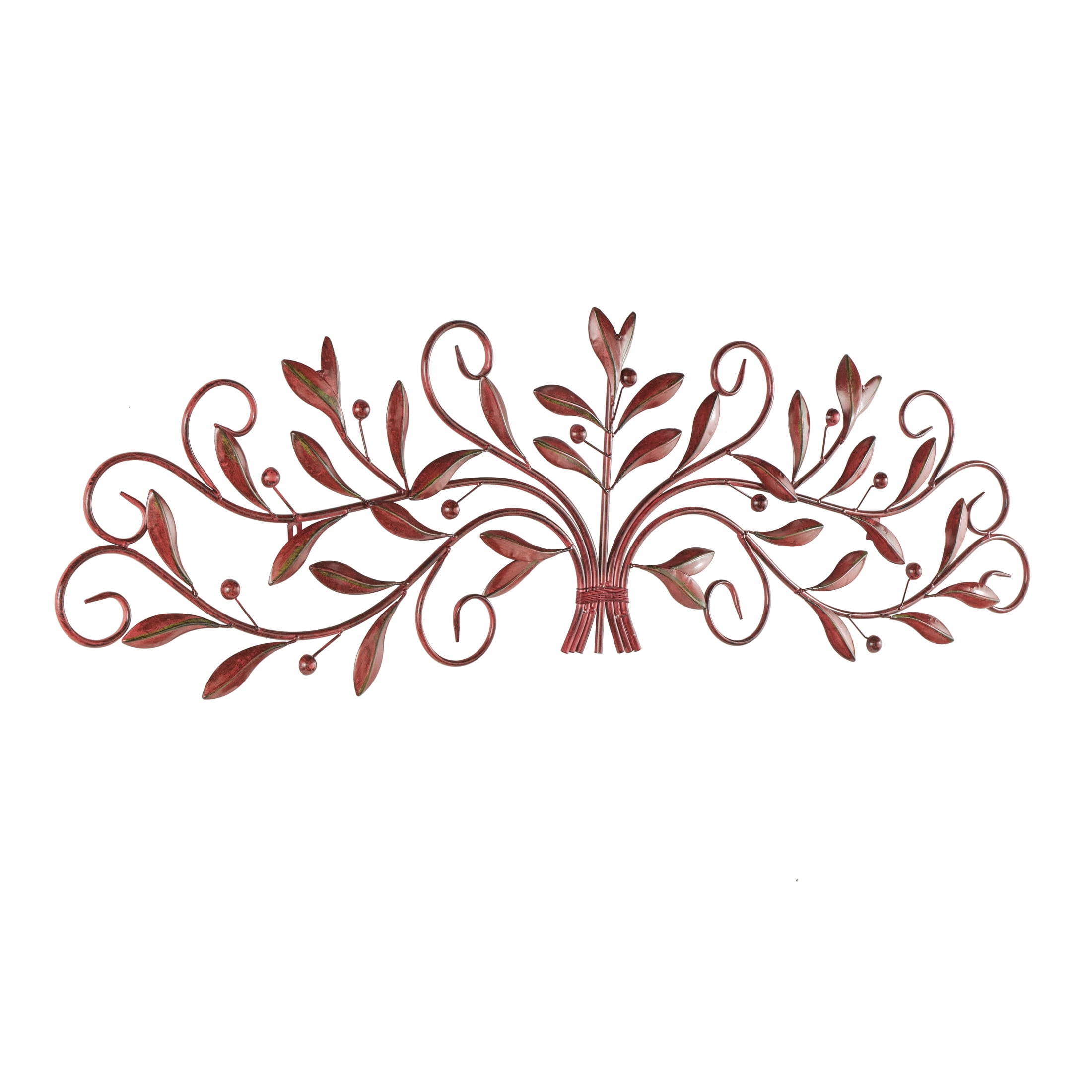 DecMode Red Metal Long Scrolled Leaf Wall Decor with Beaded Accents