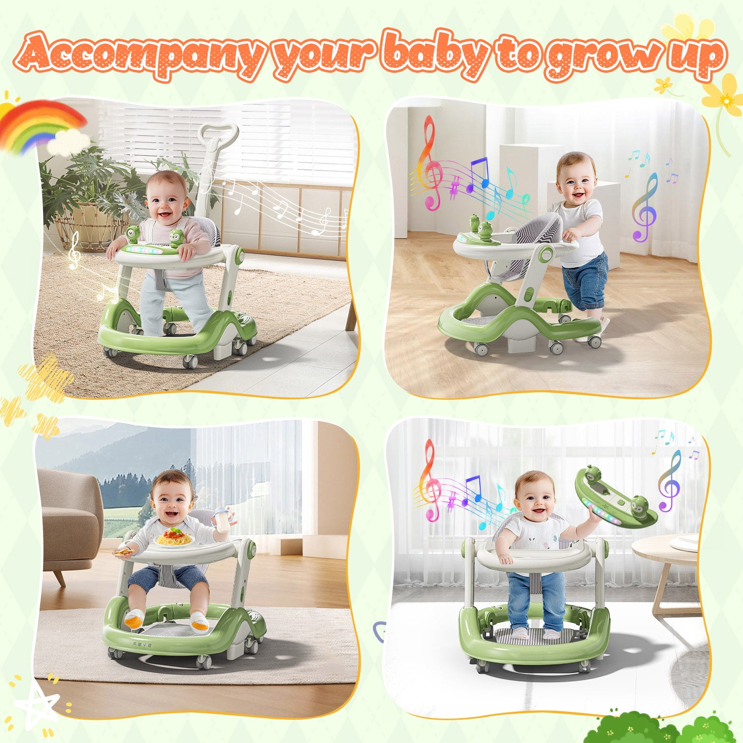 WonderStone 5 in 1 Baby Walker, Foldable Push Walker with Wheels, Music & Light, Baby Bouncer, Baby Activity Center for Boy Girl 6-12 Months (Green)