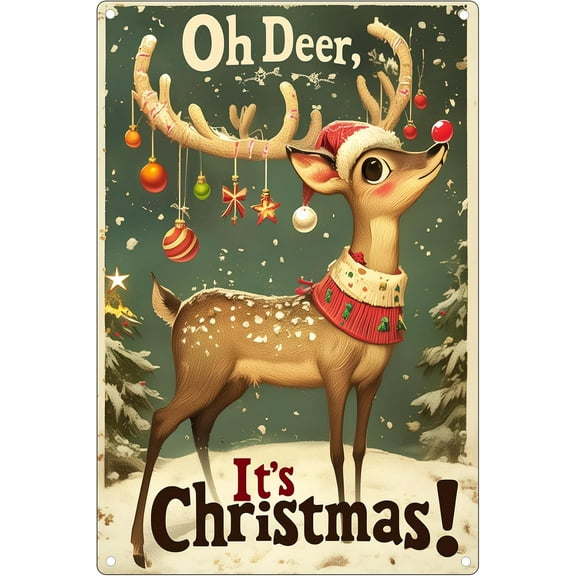 Vintage Christmas Metal Sign – “Oh Deer, It’s Christmas” 8x12 Inch Tin Wall Art, Rustic Reindeer Holiday Decoration and Gift for Home or Friends
