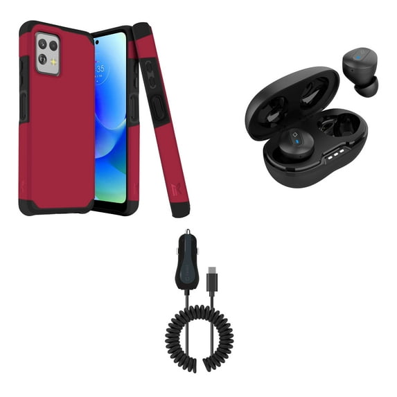 BD Combo Bundle Case for Moto G Power 5G 2023 Case - (Magenta Pink) Dual Shockproof Protector Armor Case with Wireless Earbuds with Charging Case, 15W Type-C Car Charger with Extra USB Port (6 Foot)