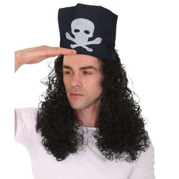 Men's Long Black Color Curly Pirate Buccaneer Wig with Bandana