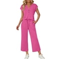 thumbnail image 3 of VBVC Women's 2 Piece V-Neck Drawstring Set,Ladies Sleeveless Top and Wide Leg Pants,Summer Dressy Outfit for Women,Hot Pink,S-2XL, 3 of 7