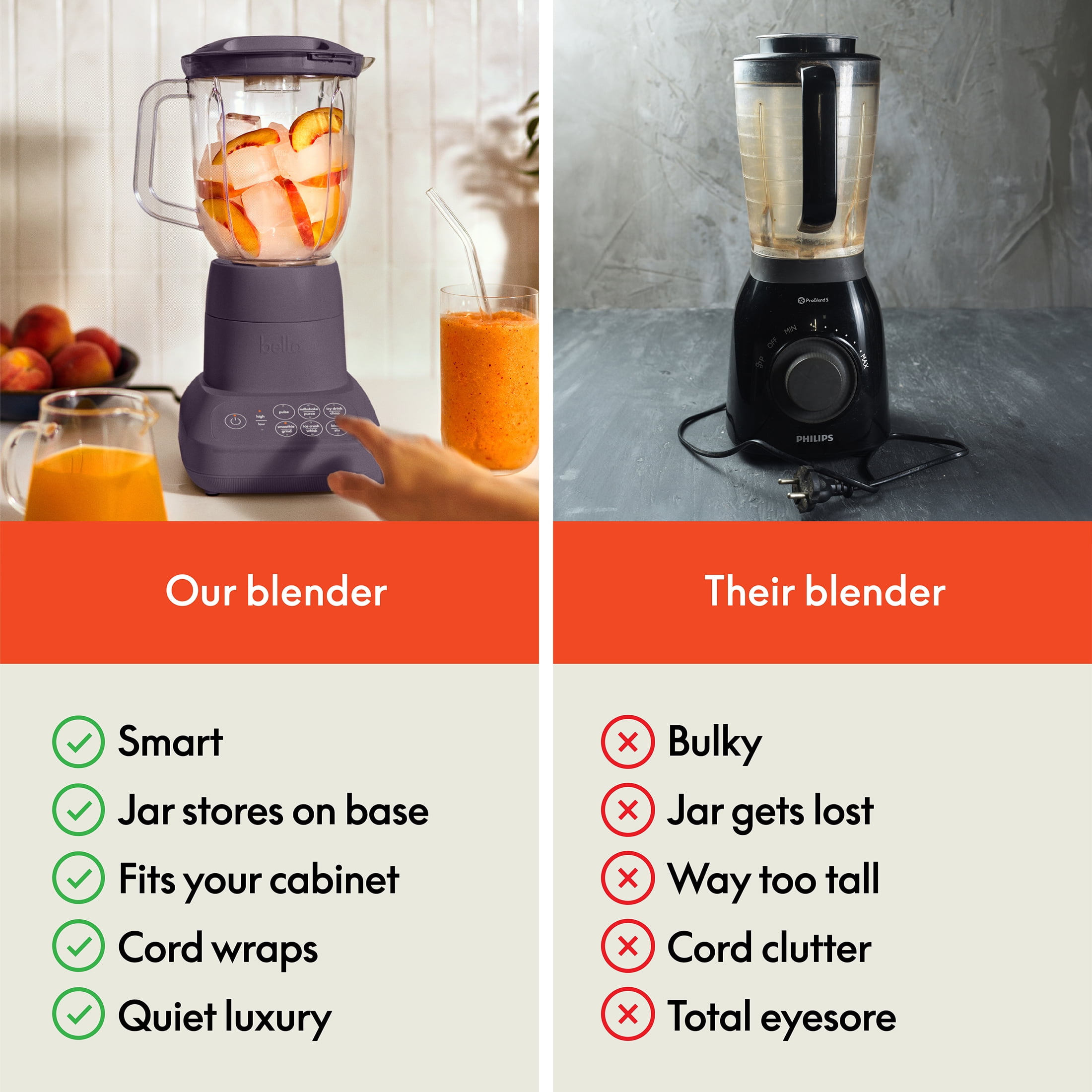 bella 10 Speed Countertop Blender, 48 oz Dishwasher Safe Pitcher, Juicer & Smoothie Maker with Fits-Anywhere™ Slim Flip & Store Design, Stainless Steel Blade, Plum