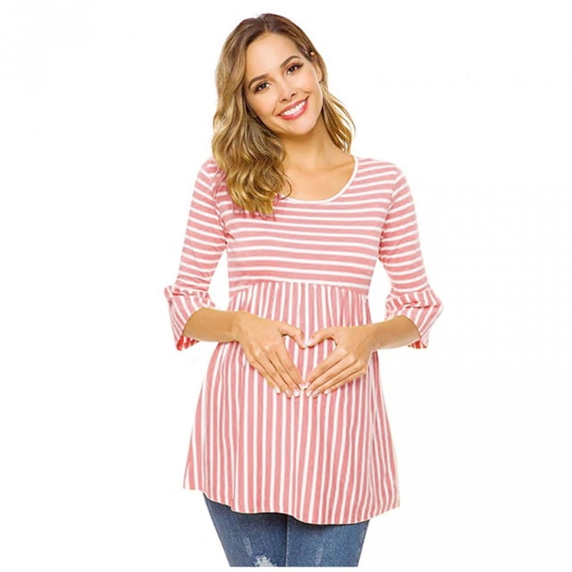 Daisyyozoid Wholesale T-shirt Long d'Été à Col Rond Manches 3/4 à Rayures Imprimé Maternité Grande Taille