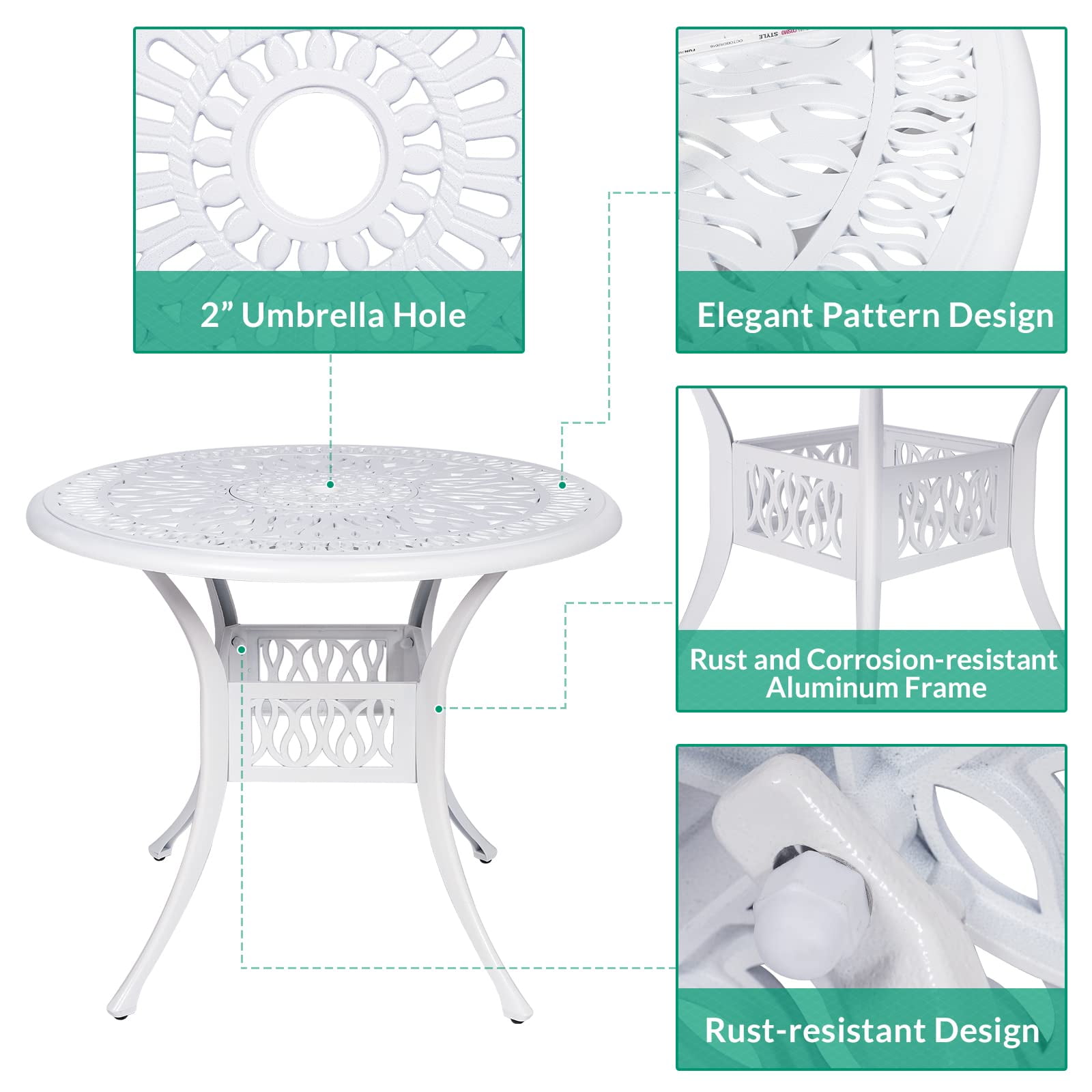 VIVIJASON 35.2" Outdoor Patio Dining Round Table White Cast Aluminum Rustic Large Patio Table with Umbrella Hole