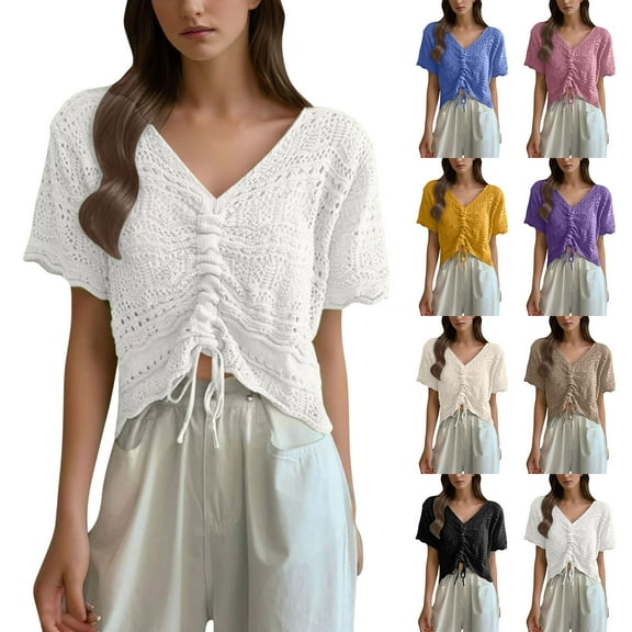 BADHUB Women Lace Crochet Tops Short Sleeve V Neck Beach Drawstring Shirt Cover Ups Summer Y2k Hollow Out Beachwear Poncho Beige M