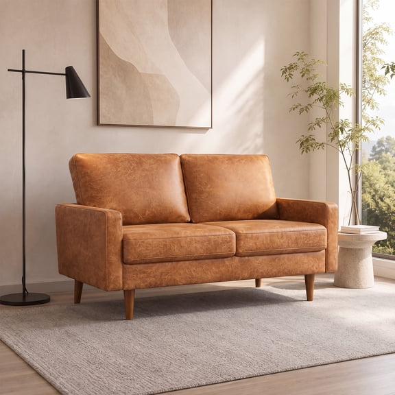 Koby Home 58" Loveseat Couch, Mid-Century 2 Seater Sofa Faux Leather Couches for Small Space Sofas Camel Brown