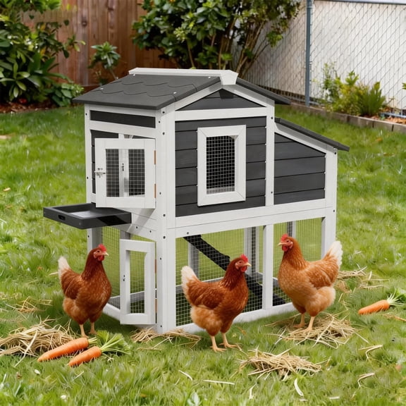 Outdoor Wooden Small Chicken Coop with Wire Mesh,2-Tier Duck Condo with Weatherproof Brooder,Gray