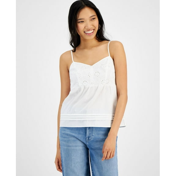 Juniors' V-Neck Eyelet Poplin Tank Top Ivory XL