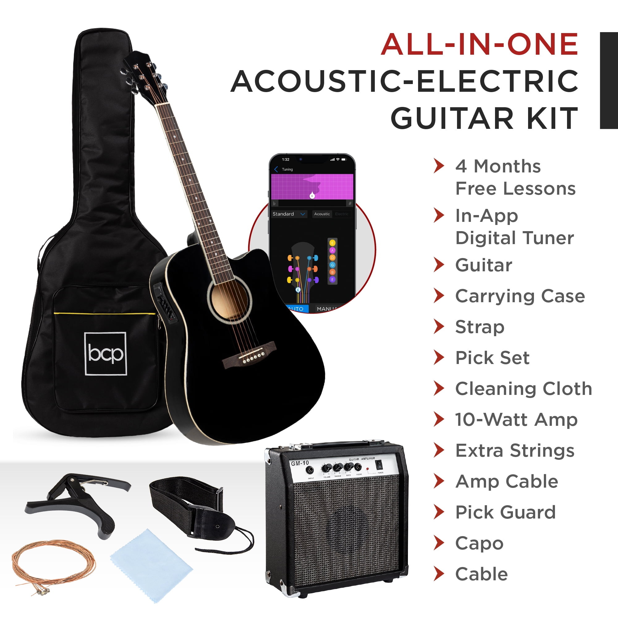 Best Choice Products Beginner Acoustic Electric Guitar Starter Set 41in w/ Wood Cutaway Design, Gig Bag - Black