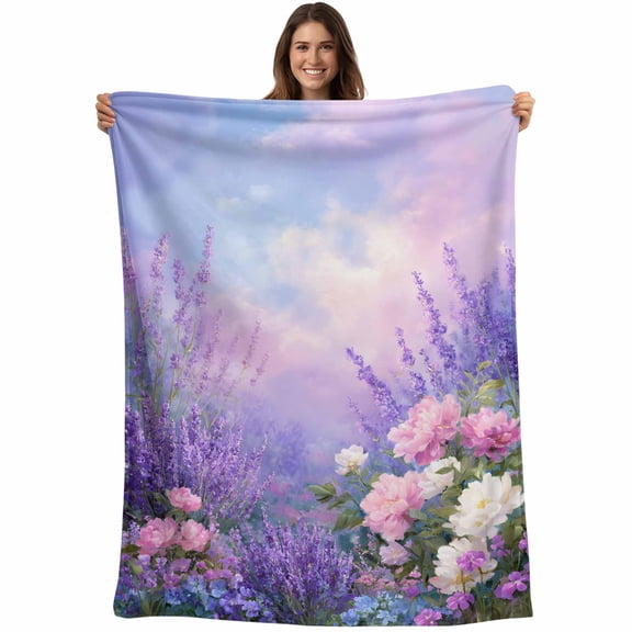 Purple Lavender Blanket Soft Cozy Warm Throw Blanket for Couch, Plush Fuzzy Flannel Fleece Blankets for Sofa, Spring Watercolor Country Wildflowers Bed Blankets Lightweight Gifts for Women, 32"x48"