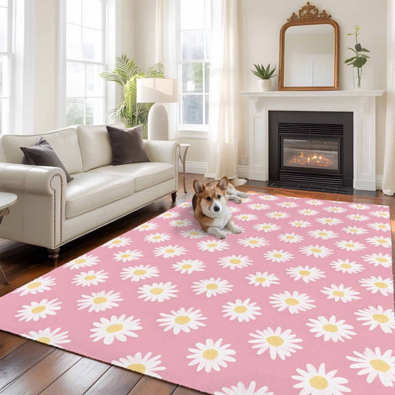 5'x8' Area Rugs, White Pink Daisy Indoor Outdoor Area Rug for Living Room Bedroom, Spring Summer Floral Botanical Washable Bathroom Rugs Kitchen Floor Carpet Mats Home Decor Aesthetic