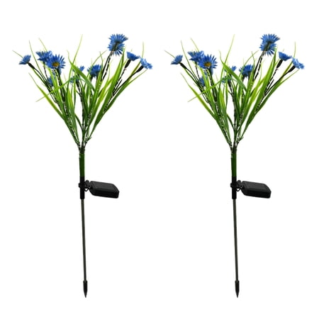 2pcs Solar Powered Daisy Lights Garden Simulation Flower Light Outdoor Lawn Lamp for Pathway Yard (Blue, Colorful Light)