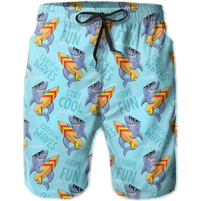 Quick Dry Swim Trunks, Blue Sharks Men's Swimwear