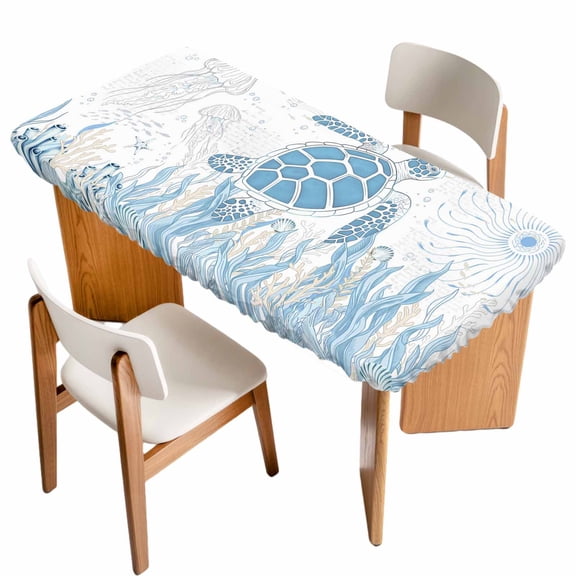 Coastal Trutle Table Cloths for 6 Foot Rectangle Tables, Nautical Summer Beach Ocean Coral Patio Waterproof Elastic Fitted Tablecloths, Washable Rectangular Table Cover for Camping