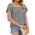 thumbnail image 3 of Blusa de manga corta con costuras de encaje, camiseta informal holgada de manga corta de color puro para mujer, gris claro M, 3 of 6