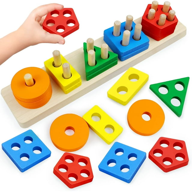 Juguetes de clasificación y apilamiento de madera para niños pequeños y niños, juguetes educativos, clasificador de forma de apilador de reconocimiento de color TUNC Sencillez