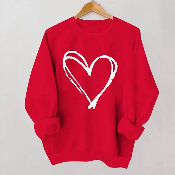 RKSTN Womens Sweatshirt Valentine's Day Solid Color Heart Print Crewneck Long Sleeve Loose Fit Comfortable Pullover Sweatshirt