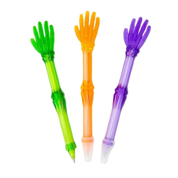 6" Halloween Bright Skeleton Hand Plastic Pens - 12 Piece