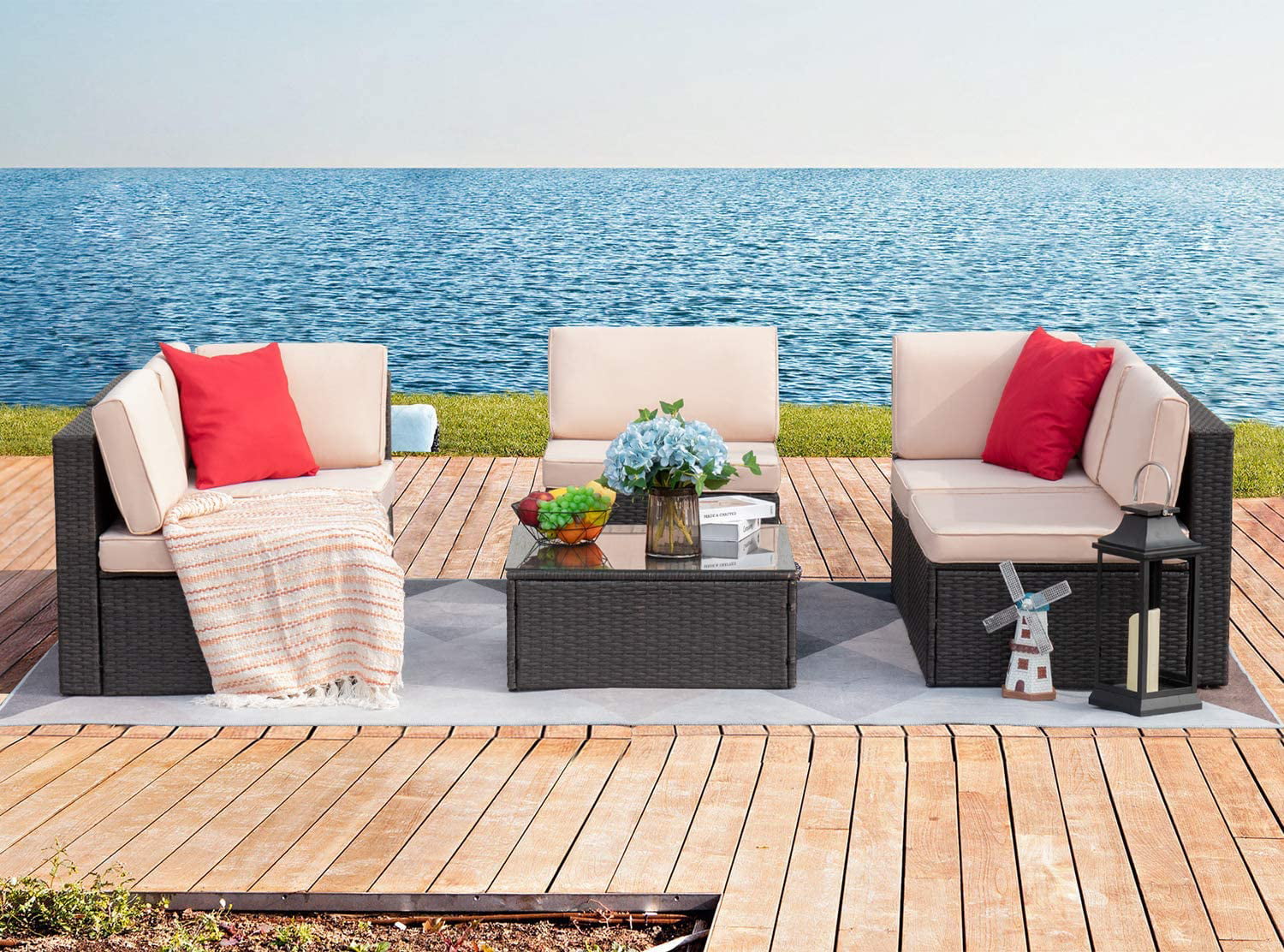 Red Devoko Patio Furniture Sets 6 Pieces Outdoor Sectional Rattan Sofa Manual Weaving Wicker Patio Conversation Set with Glass Table and Cushion