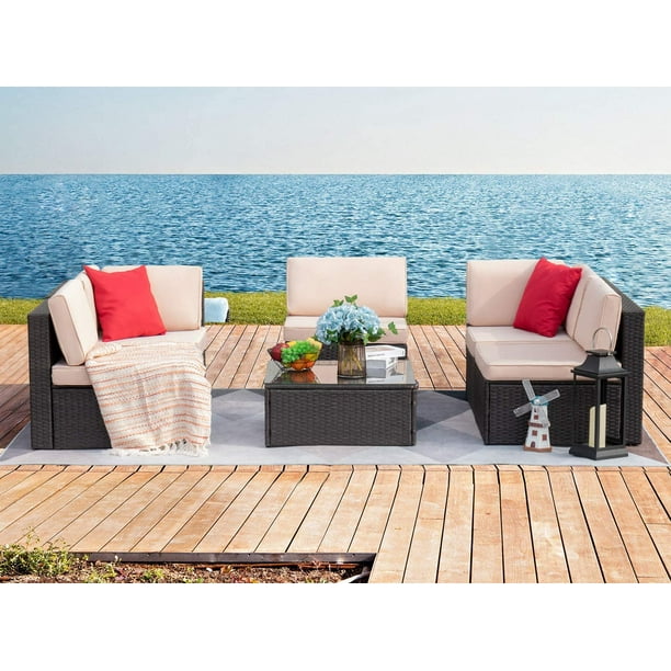 Devoko Patio Furniture Sets 6 Pieces Outdoor Sectional Rattan Sofa