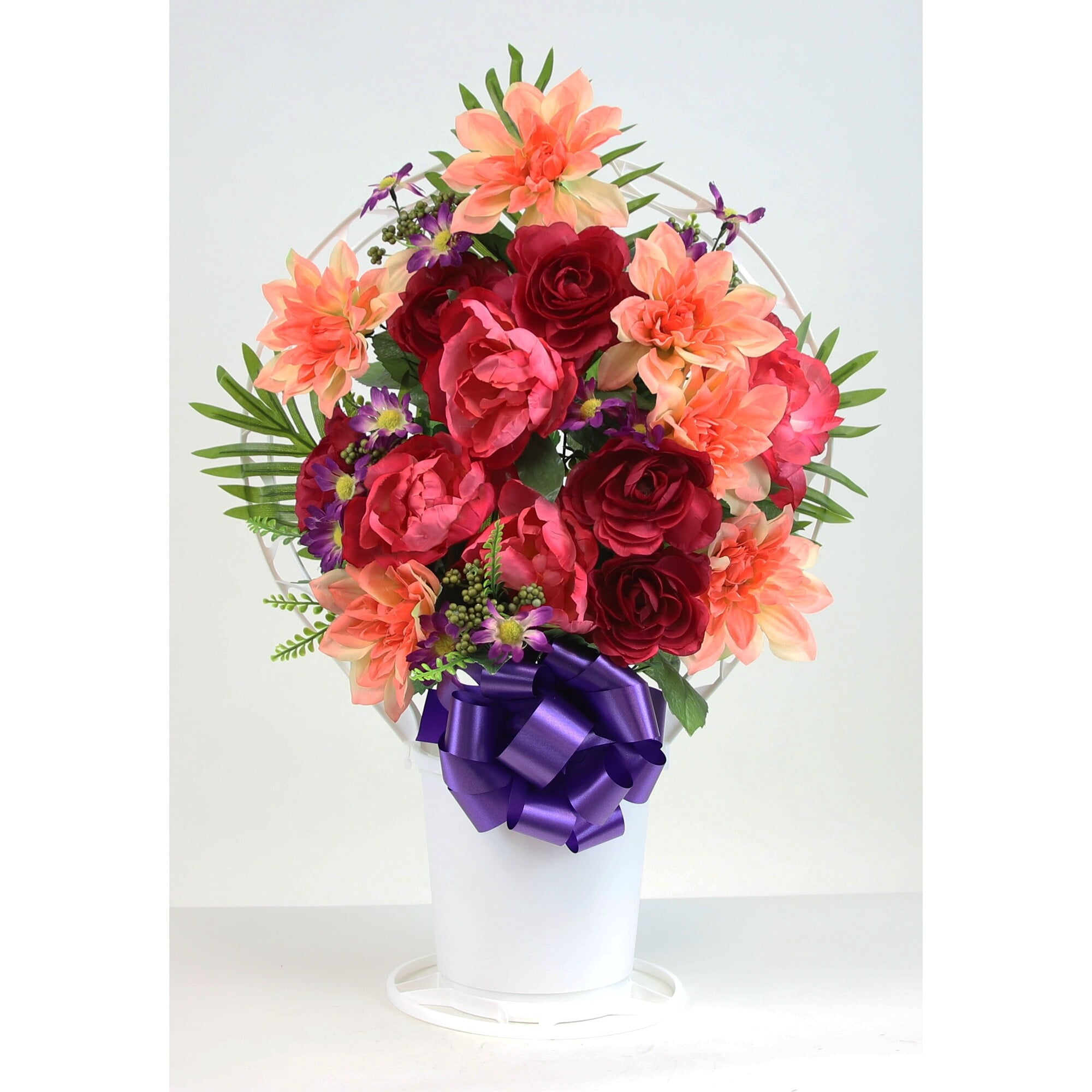 Memorial Peony Ranunculus & Dahlia Arrangement in Large, White Cemetery Hoop Basket with Handle - N/A Red, Blue, Yellow, White
