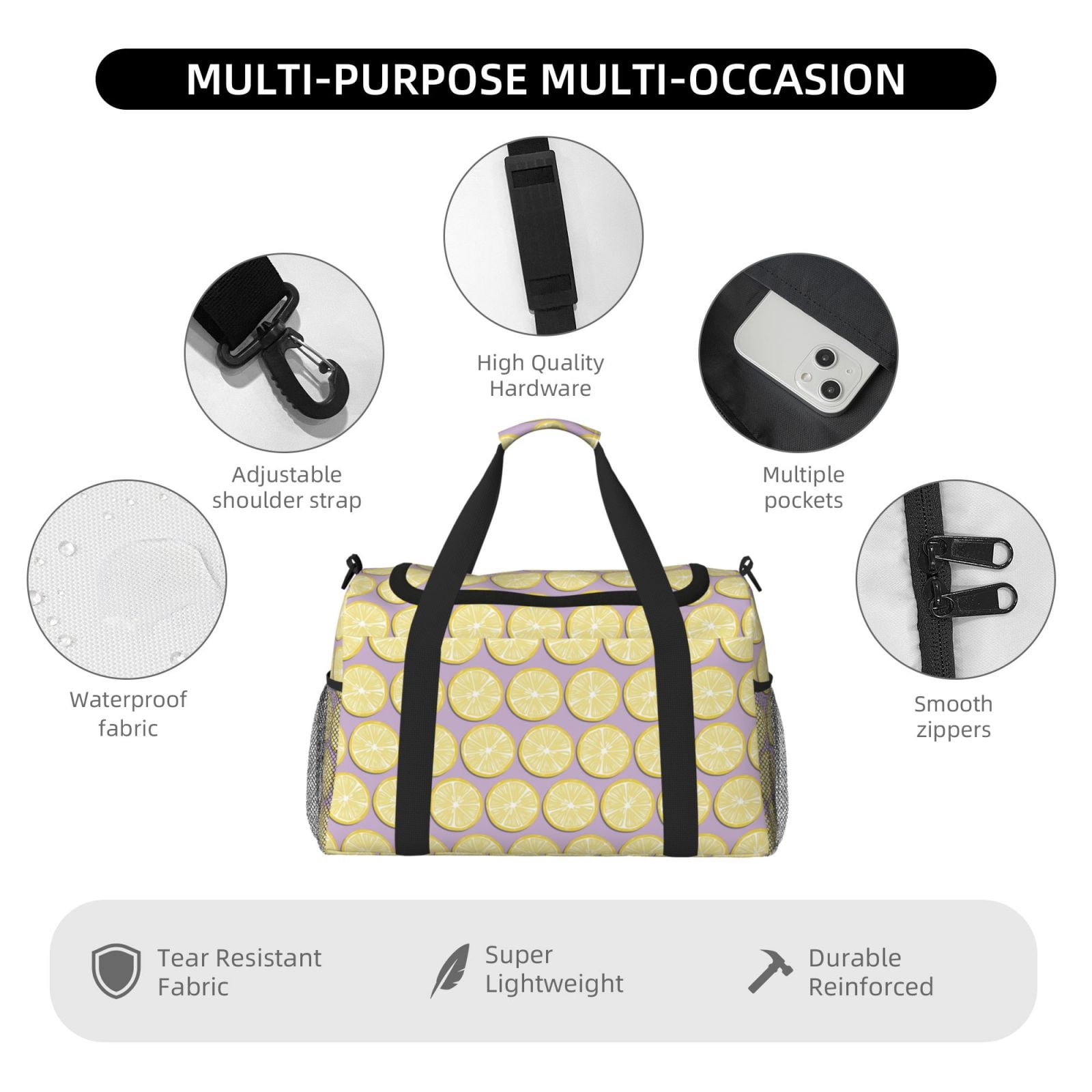 Fuzoiu Yellow Lemon Slices Print Travel Duffle Bag,Carry On Tote Bags,Duffel Bag,Sport Gym Bag, Hospital Bag for Labor and Delivery, Overnight Bag,Luggage Bag