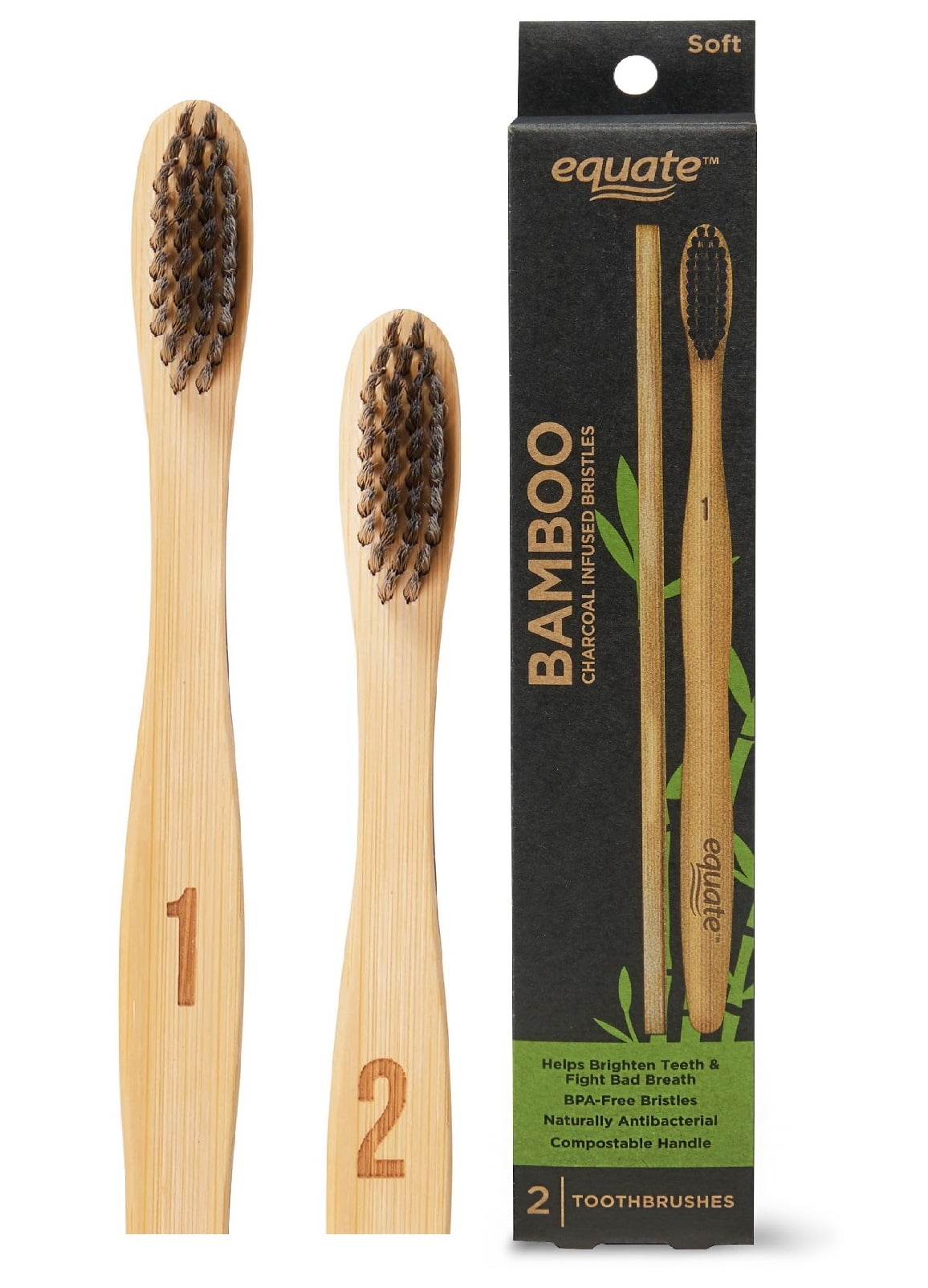 Equate Charcoal Infused Bamboo Toothbrush, Soft 2 Count