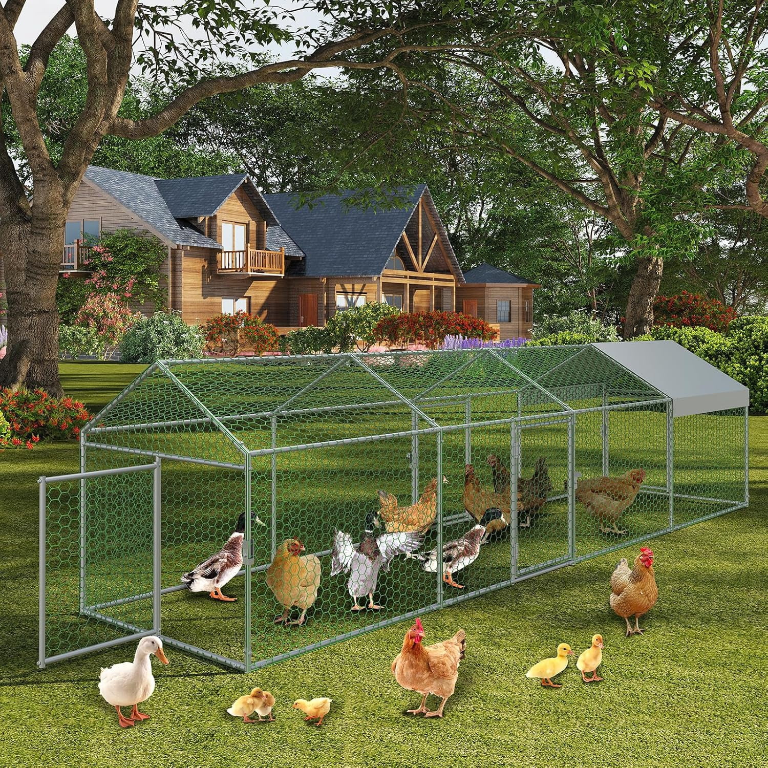 ChaoLink Large Metal Chicken Coop with Waterproof & Anti-UV Cover – 160x40x40 Inches Outdoor Hen House with 4 Doors for Yard, Rabbit, Duck & Goose