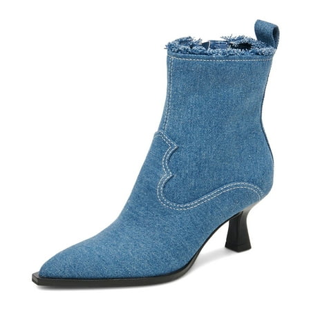 XYD Women Pointed Closed Toe Side Zipper Denim Boots Kitten Low Heels Ankle Booties Dress Casual Party Shoes Size 4.5 Blue