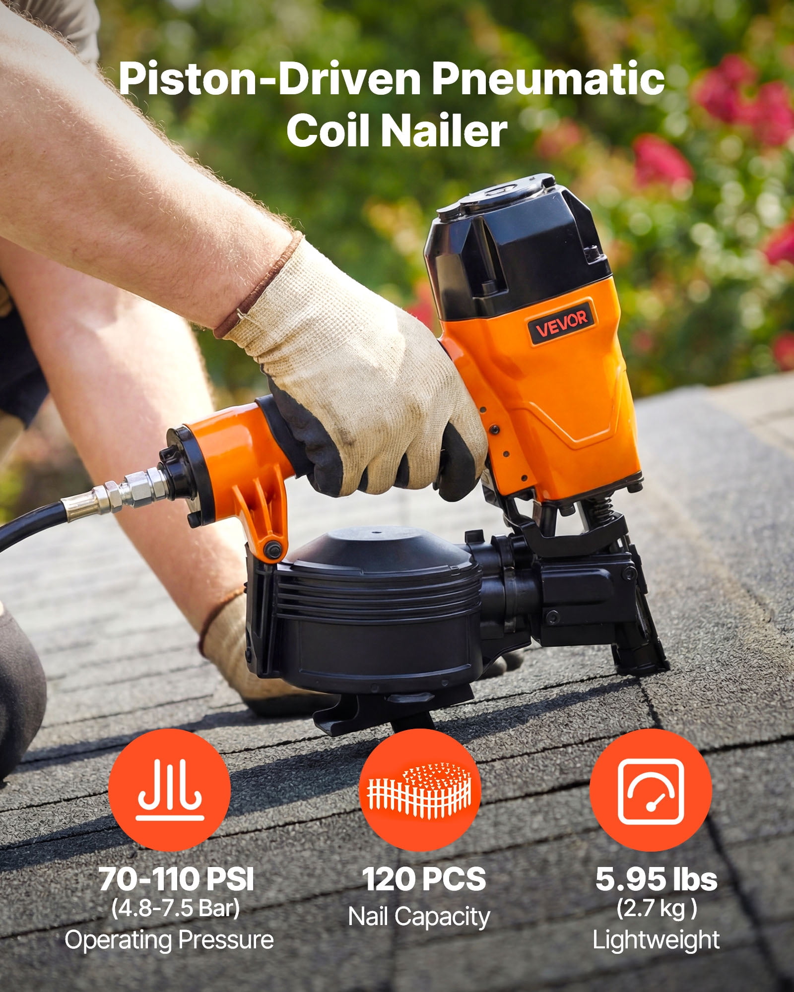 VEVOR Air Roofing Nailer CN45C, 3/4" to 1-3/4" 15 Degree Roofing Nail Gun with Two Firing Modes & Tool-Free Depth Adjustment, 70-110 PSI Pneumatic Coil Nailer for Asphalt Shingles, Roof Sheathing