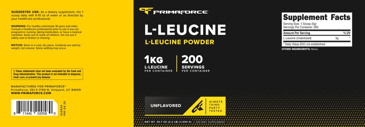 PrimaForce L-Leucine Powder, 1 KG - Non-GMO, Gluten-Free, and Vegan Supplement